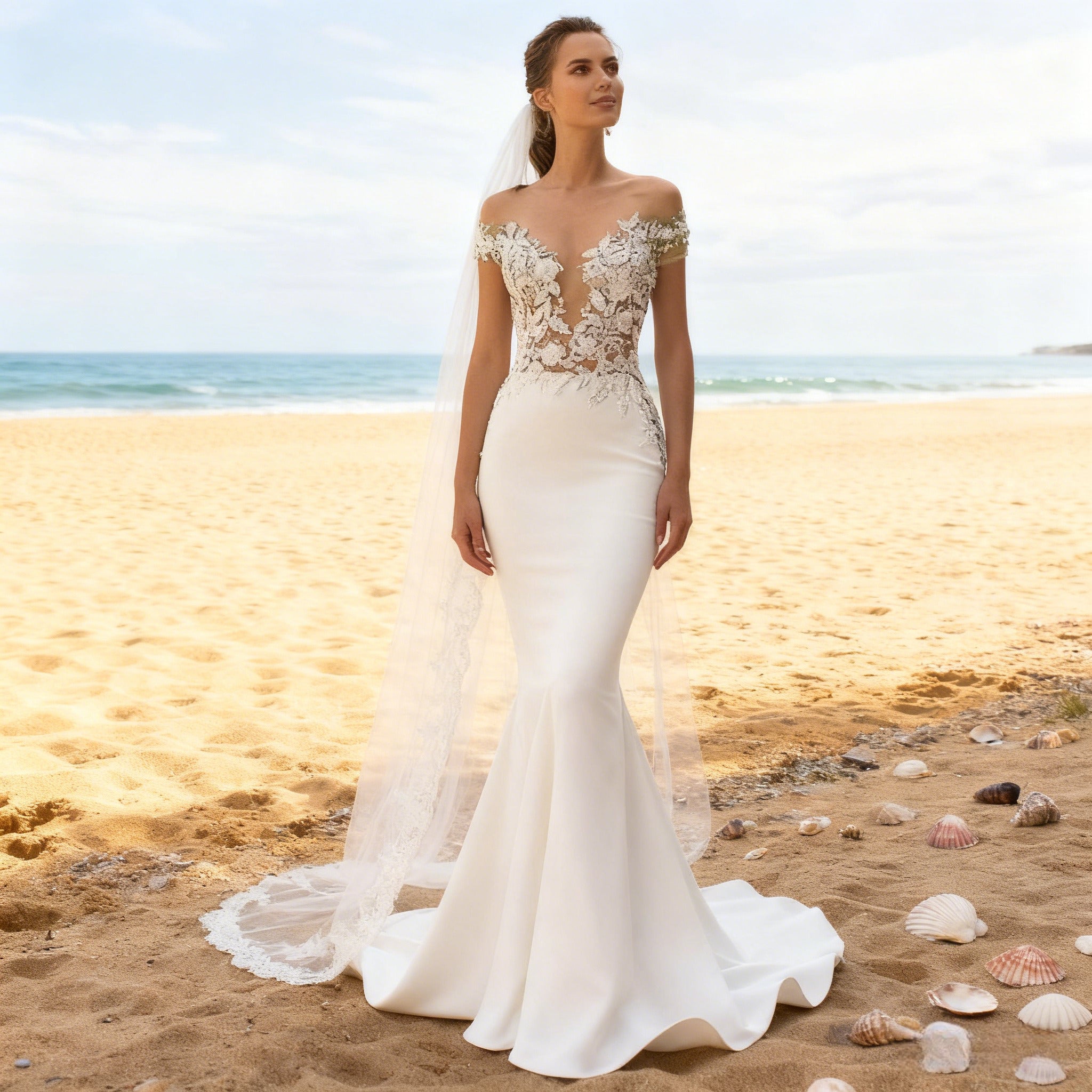 Sexy Meerjungfrau Brautkleid Off Shoulder Spitze Illusions Ausschnitt Modern Elegant Standesamt 2-26W