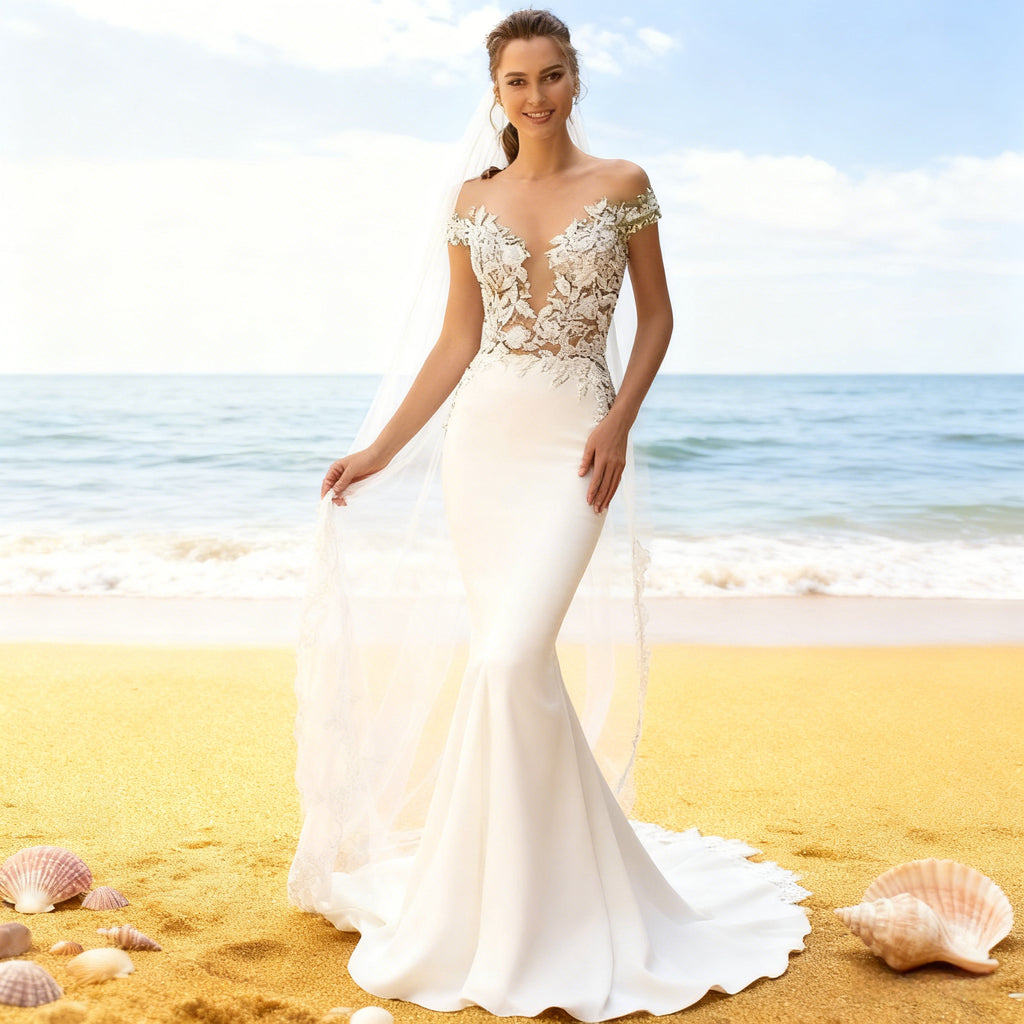 Sexy Meerjungfrau Brautkleid Off Shoulder Spitze Illusions Ausschnitt Modern Elegant Standesamt 2-26W