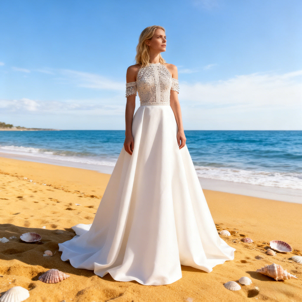 Boho A-Linie Brautkleid High-Neck Spitze Rückenfrei Vintage Hochzeitskleid Modern Satin Weiß 2-26W