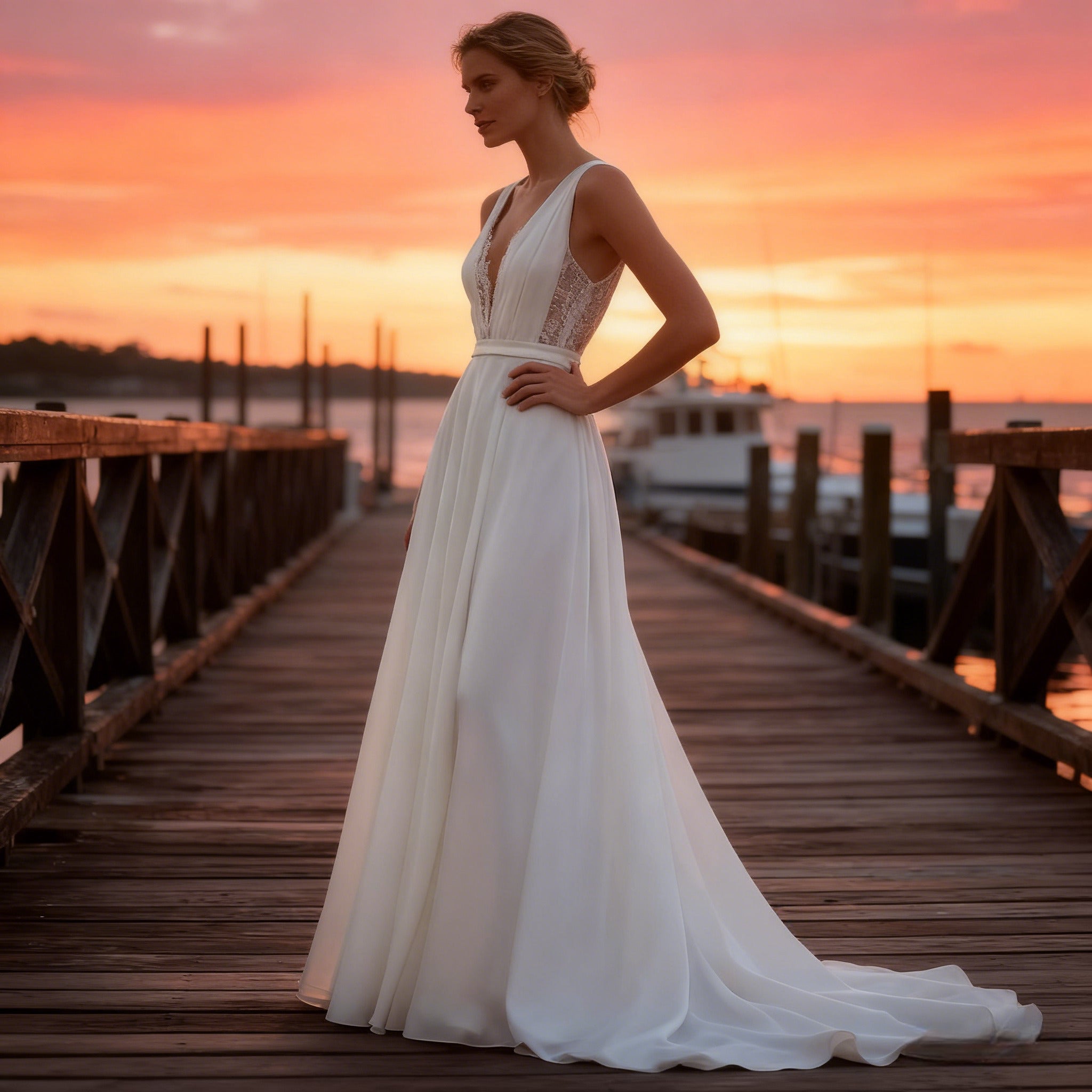 Elegantes A-Linie Brautkleid V-Ausschnitt Chiffon Hochzeitskleid Modern Puristisch Strand Weiß Sommer 2-26W