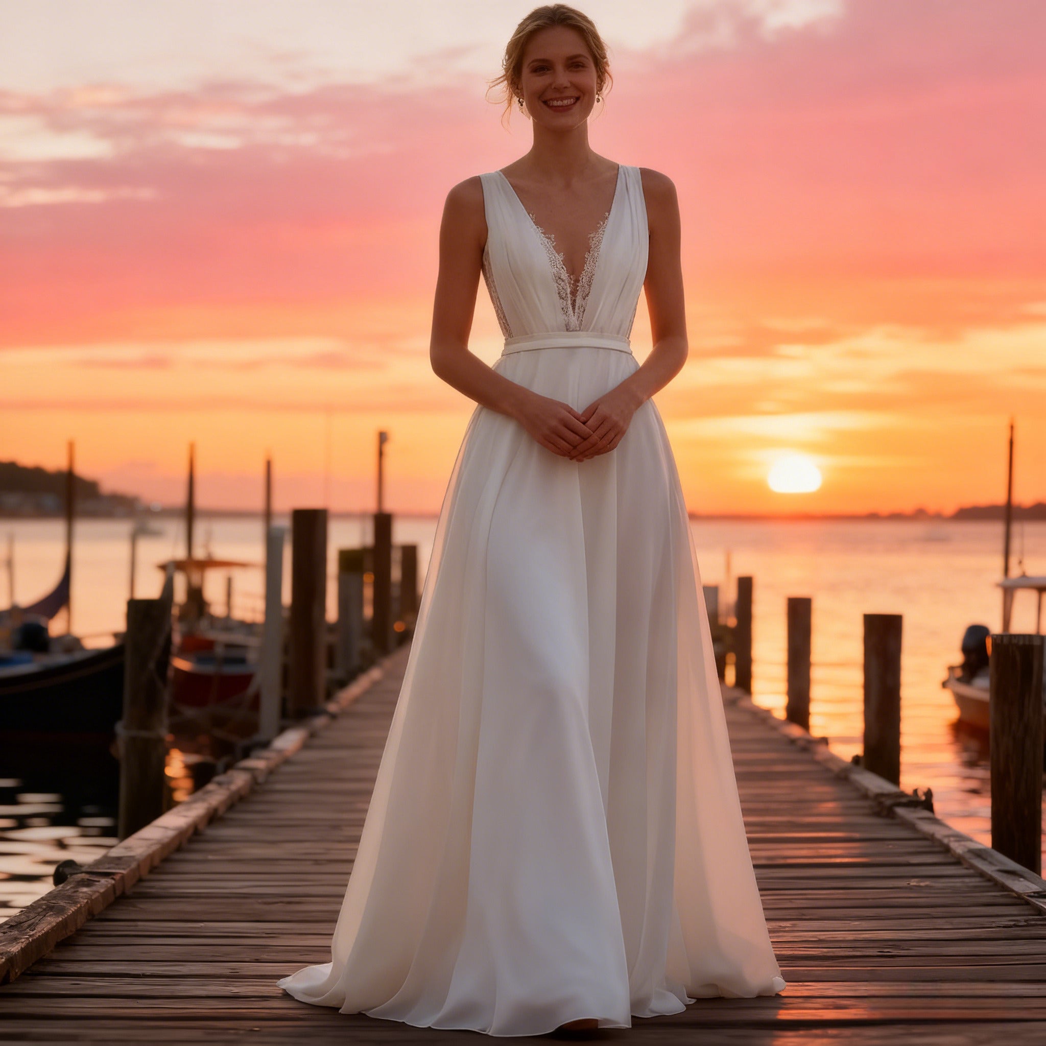 Elegantes A-Linie Brautkleid V-Ausschnitt Chiffon Hochzeitskleid Modern Puristisch Strand Weiß Sommer 2-26W