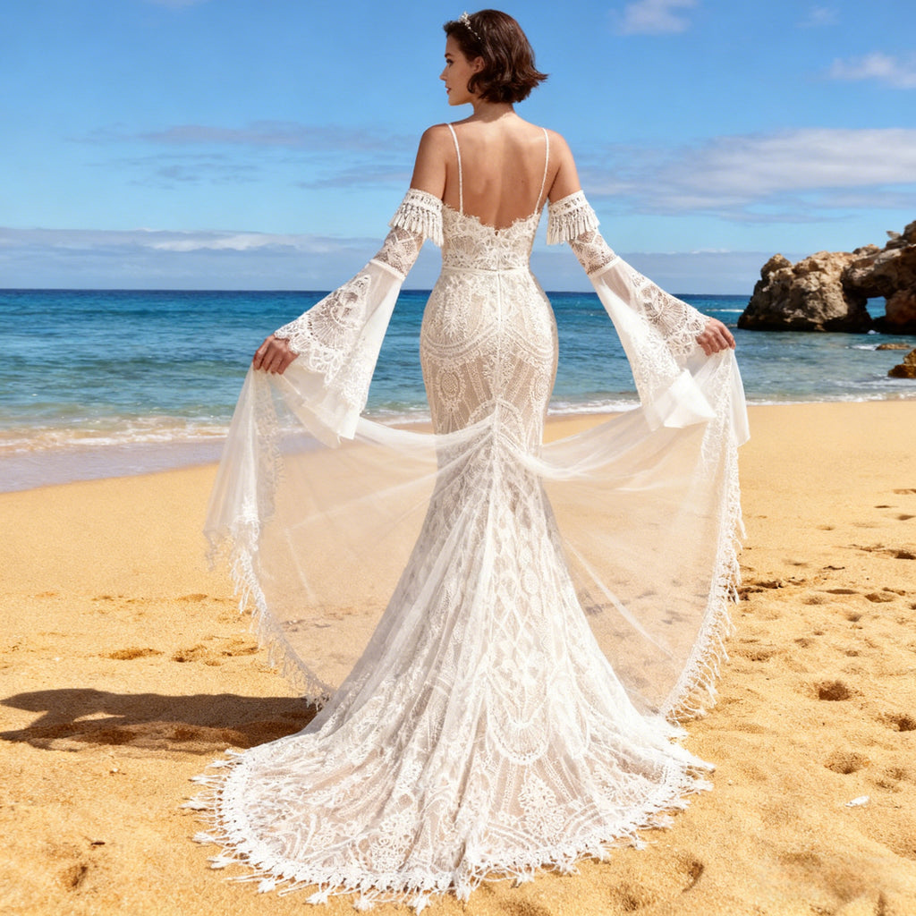 Boho Brautkleid Spitze Glockenärmel Vintage Meerjungfrau Hochzeitskleid Sexy Rückenfrei Hippie Weiß 2-26W