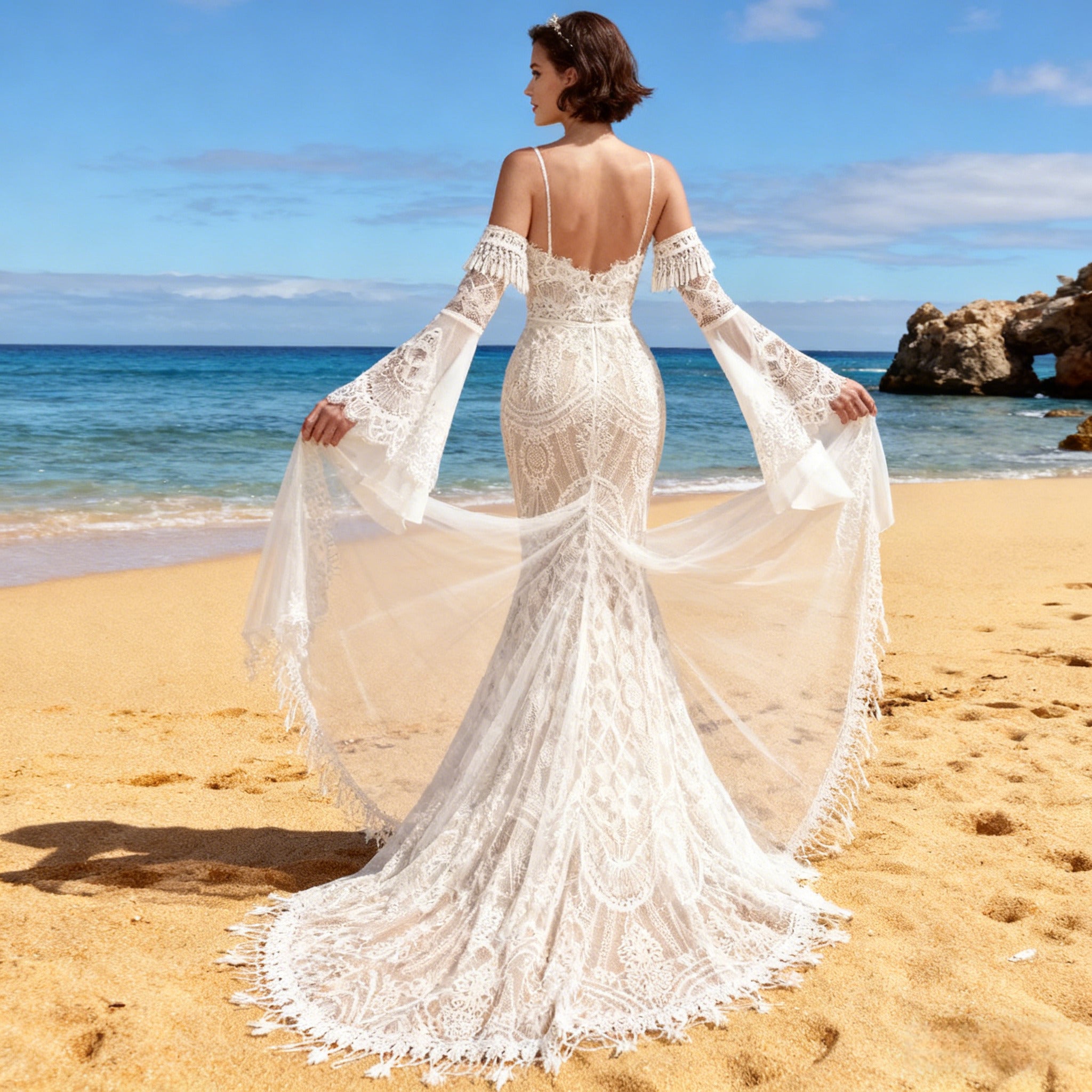 Boho Brautkleid Spitze Glockenärmel Vintage Meerjungfrau Hochzeitskleid Sexy Rückenfrei Hippie Weiß 2-26W