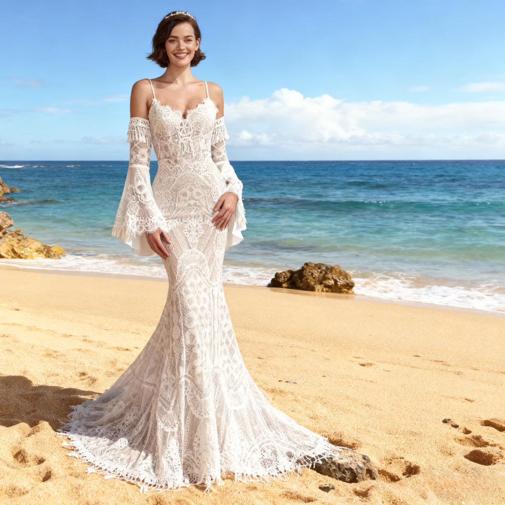 Boho Brautkleid Spitze Glockenärmel Vintage Meerjungfrau Hochzeitskleid Sexy Rückenfrei Hippie Weiß 2-26W