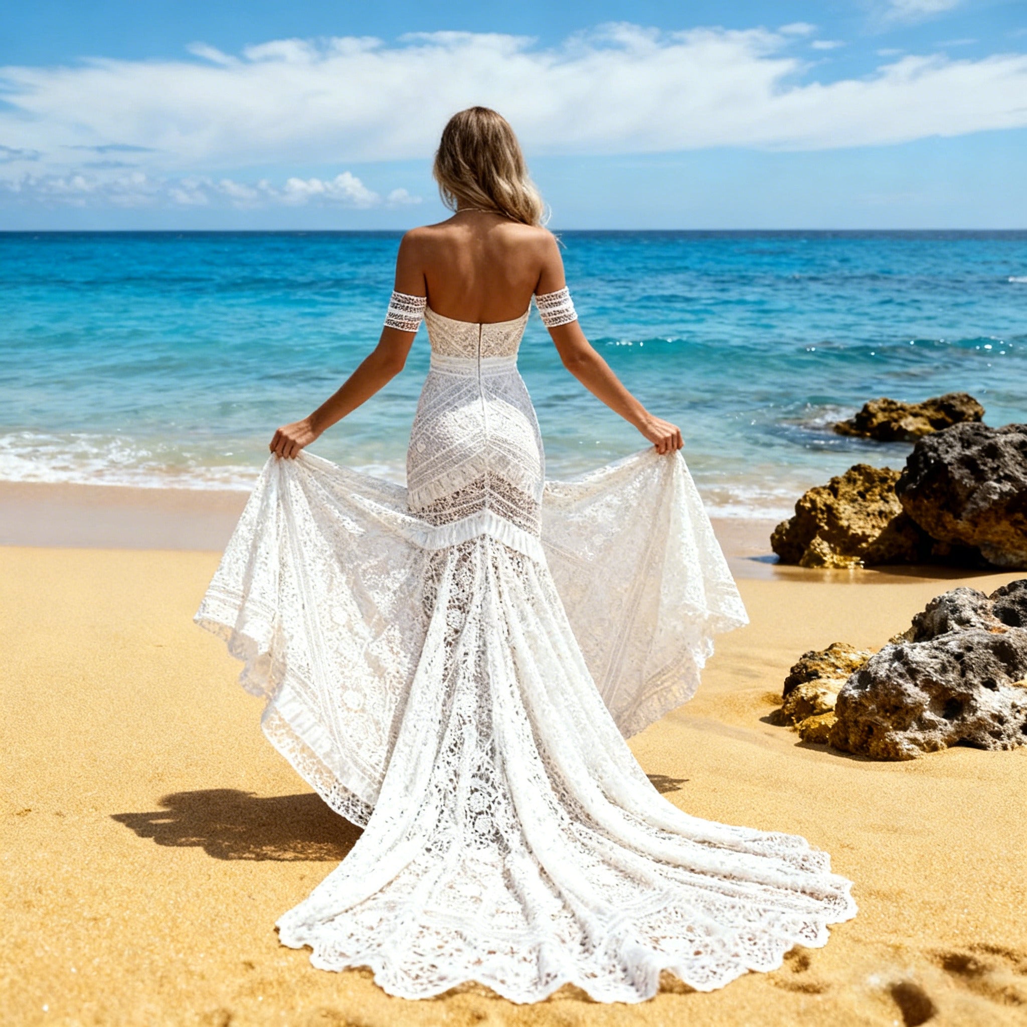 Boho Brautkleid Spitze Meerjungfrau Herz-Ausschnitt Sexy Rückenfrei Strand Hochzeitskleid Hippie Weiß 2-26W