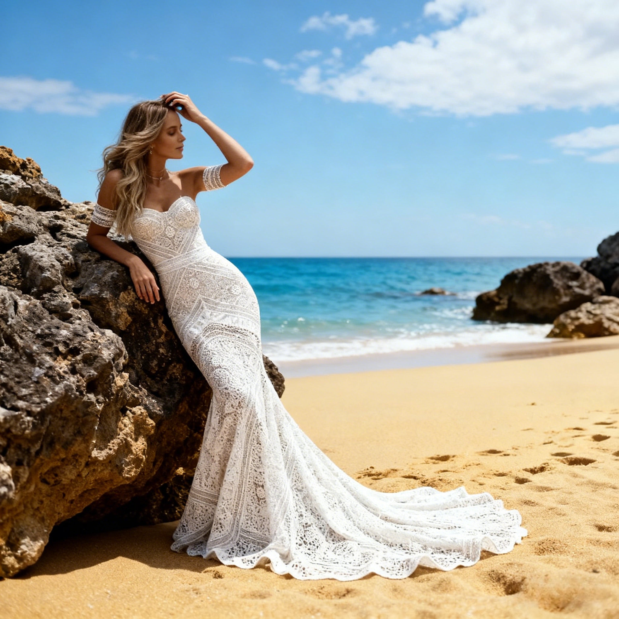 Boho Brautkleid Spitze Meerjungfrau Herz-Ausschnitt Sexy Rückenfrei Strand Hochzeitskleid Hippie Weiß 2-26W