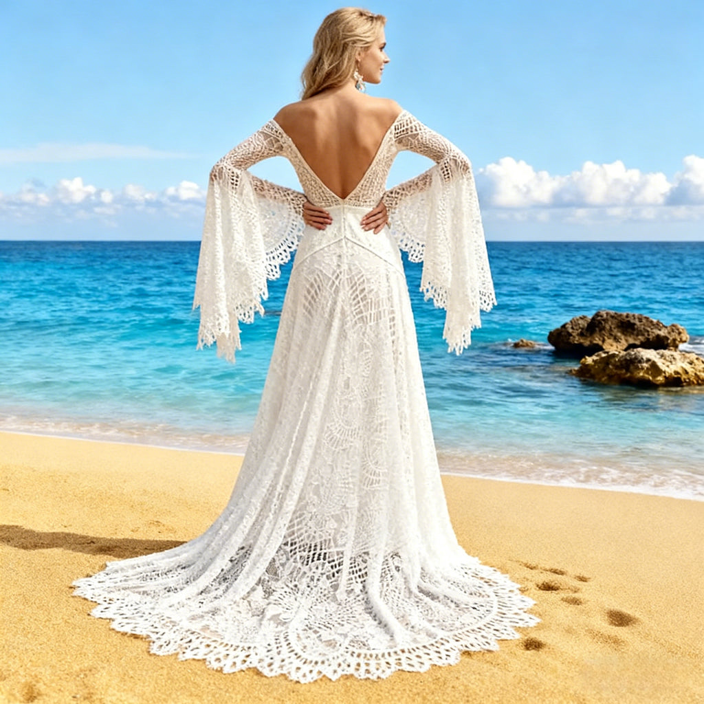 Boho Brautkleid Glockenärmel Spitze V-Ausschnitt Vintage Meerjungfrau Hochzeitskleid Sexy Hippie Weiß 2-26W