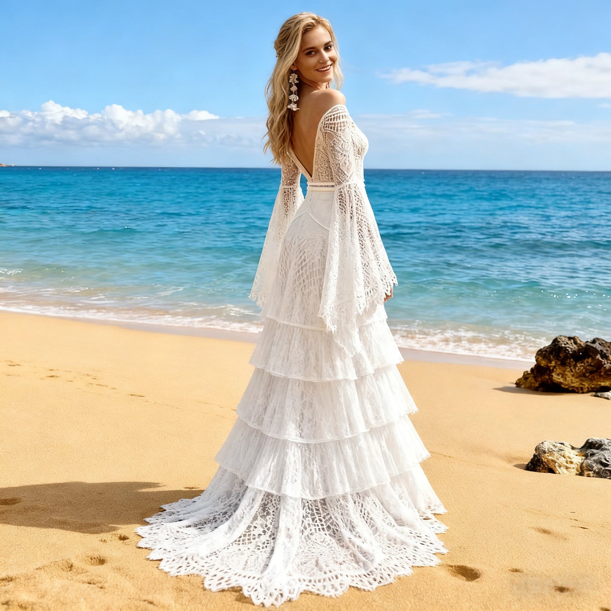 Boho Brautkleid Glockenärmel Spitze V-Ausschnitt Vintage Meerjungfrau Hochzeitskleid Sexy Hippie Weiß 2-26W