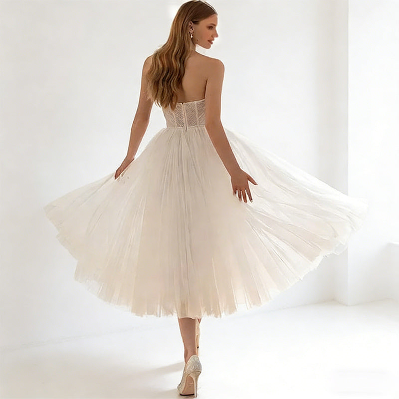 Vintage Kurzes Brautkleid Tüll Wadenlang Korsage Herz-Ausschnitt Standesamt Rockabilly Modern Weiß 2-26W