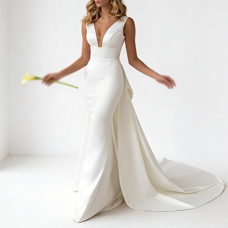 Sexy Meerjungfrau Brautkleid V-Ausschnitt Spitze Modern Elegant Strand Hochzeitskleid Weiß Rückenfrei  2-26W