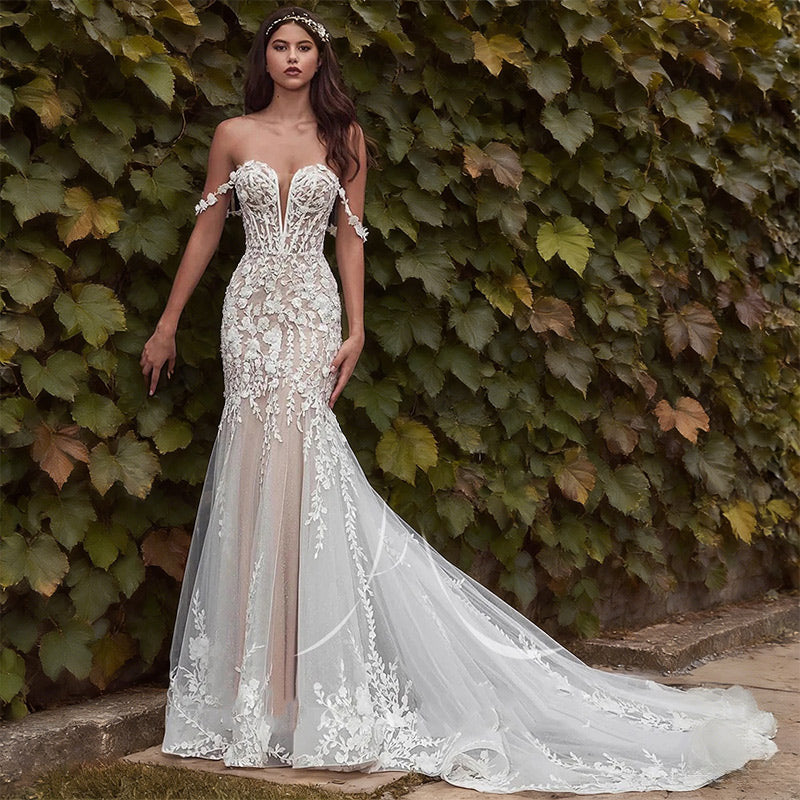 Luxus Meerjungfrau Brautkleid 3D-Spitze Herz-Ausschnitt Sexy Rückenfrei Kathedral-Schleppe Boho Weiß 2-26W