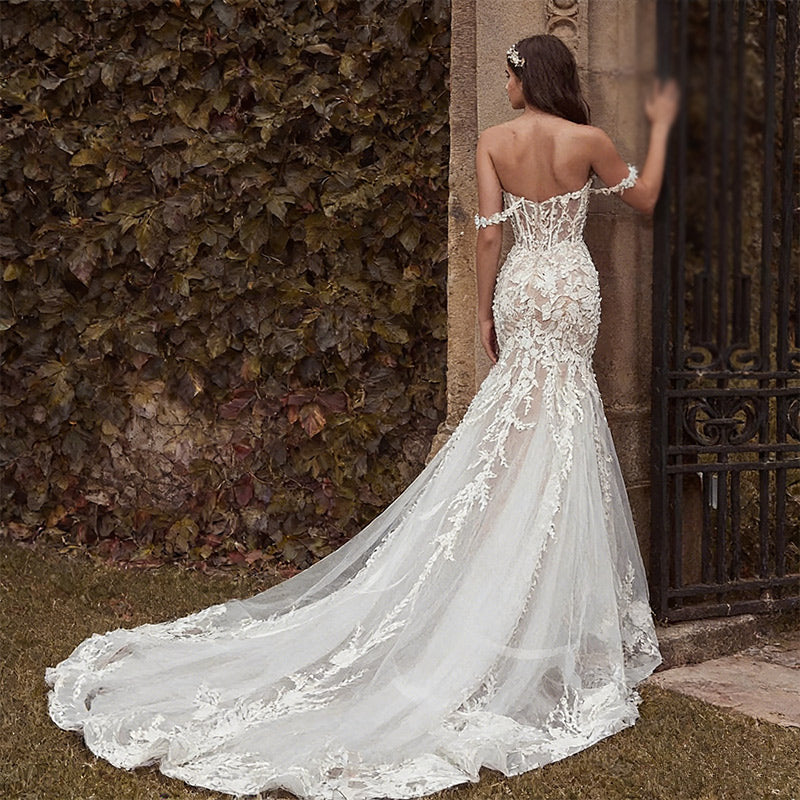 Luxus Meerjungfrau Brautkleid 3D-Spitze Herz-Ausschnitt Sexy Rückenfrei Kathedral-Schleppe Boho Weiß 2-26W