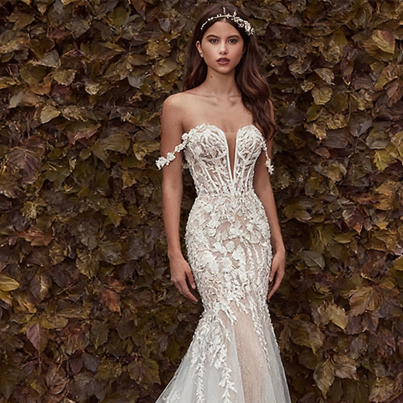 Luxus Meerjungfrau Brautkleid 3D-Spitze Herz-Ausschnitt Sexy Rückenfrei Kathedral-Schleppe Boho Weiß 2-26W