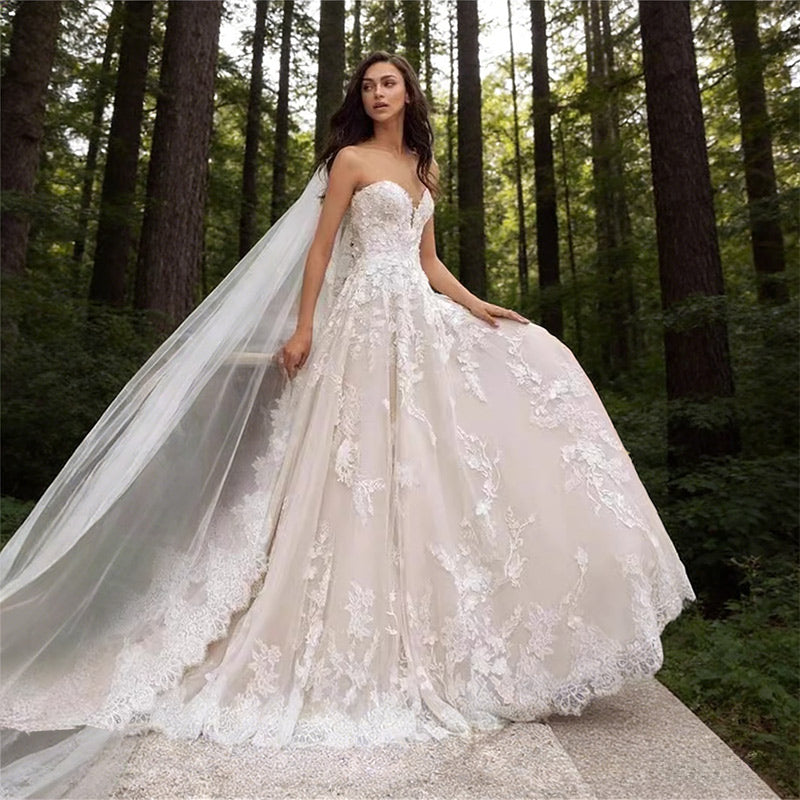 Prinzessin Brautkleid Spitze Glitzer Ballkleid Herz-Ausschnitt Luxus Kathedral-Schleppe Weiß Romantisch 2-26W