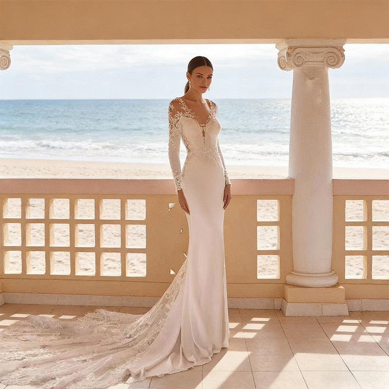 Meerjungfrau Brautkleid Langarm Spitze Rückenfrei Modernes Hochzeitskleid mit Schleppe Weiß 2-26W