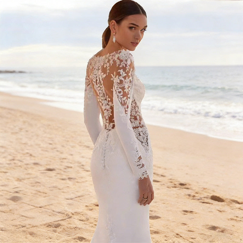 Meerjungfrau Brautkleid Langarm Spitze Rückenfrei Modernes Hochzeitskleid mit Schleppe Weiß 2-26W