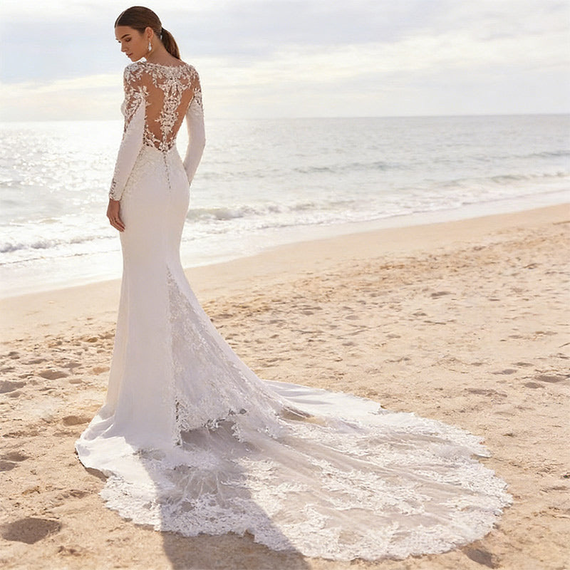 Meerjungfrau Brautkleid Langarm Spitze Rückenfrei Modernes Hochzeitskleid mit Schleppe Weiß 2-26W