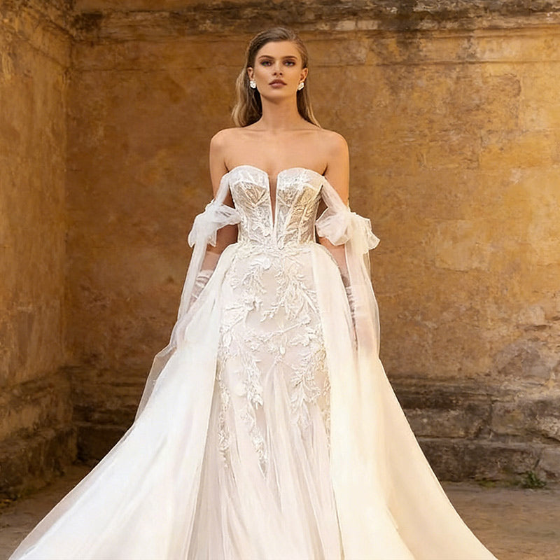 Luxus Prinzessin Brautkleid Glitzer Spitze Corsage Puffärmel Abnehmbar Hochzeitskleid Elegant Weiß 2-26W