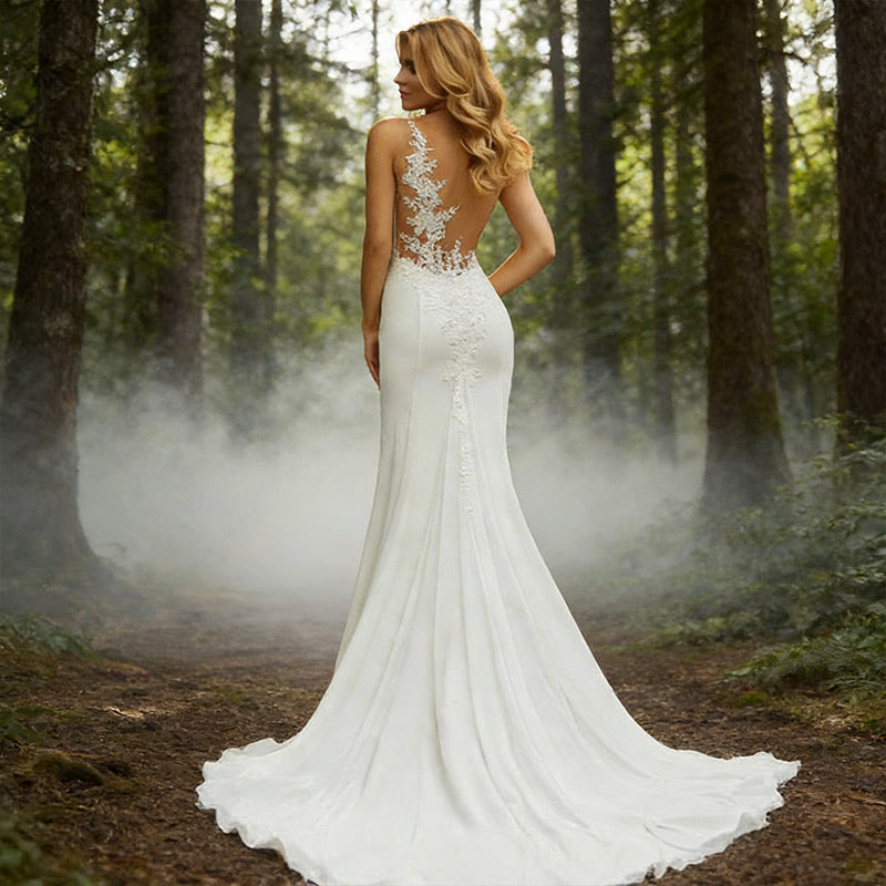 Modernes Meerjungfrau Brautkleid Spitze Asymmetrisch V-Ausschnitt Elegant Sexy Strand Hochzeitskleid 2-26W