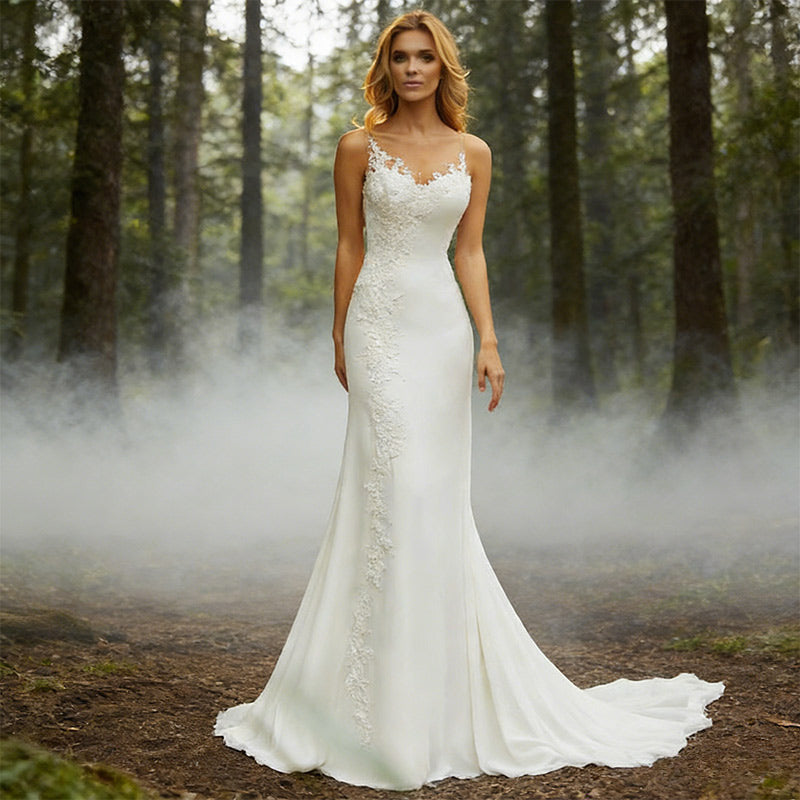Modernes Meerjungfrau Brautkleid Spitze Asymmetrisch V-Ausschnitt Elegant Sexy Strand Hochzeitskleid 2-26W