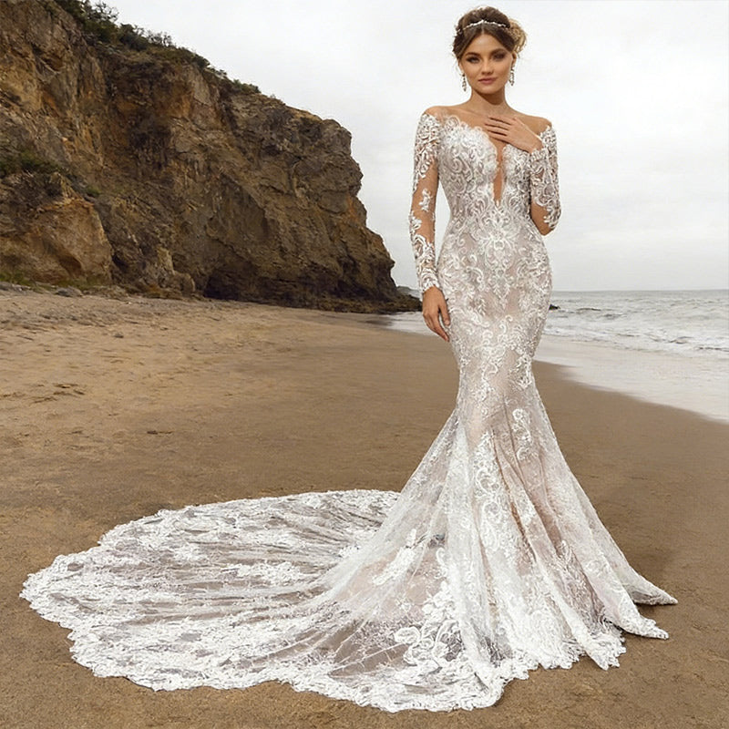 Luxus Meerjungfrau Brautkleid Langarm Spitze Tiefer V-Ausschnitt Sexy Große Schleppe Standesamt Weiß 2-26W