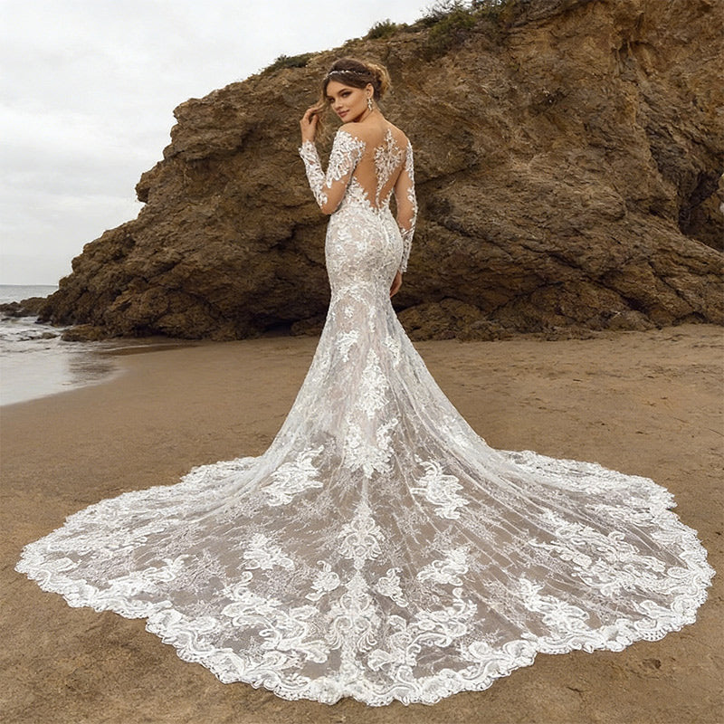 Luxus Meerjungfrau Brautkleid Langarm Spitze Tiefer V-Ausschnitt Sexy Große Schleppe Standesamt Weiß 2-26W