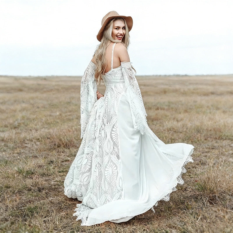 Hippie Boho Brautkleid Glockenärmel Geometrische Spitze Beinschlitz Vintage Hochzeitskleid Rustikal 2-26W