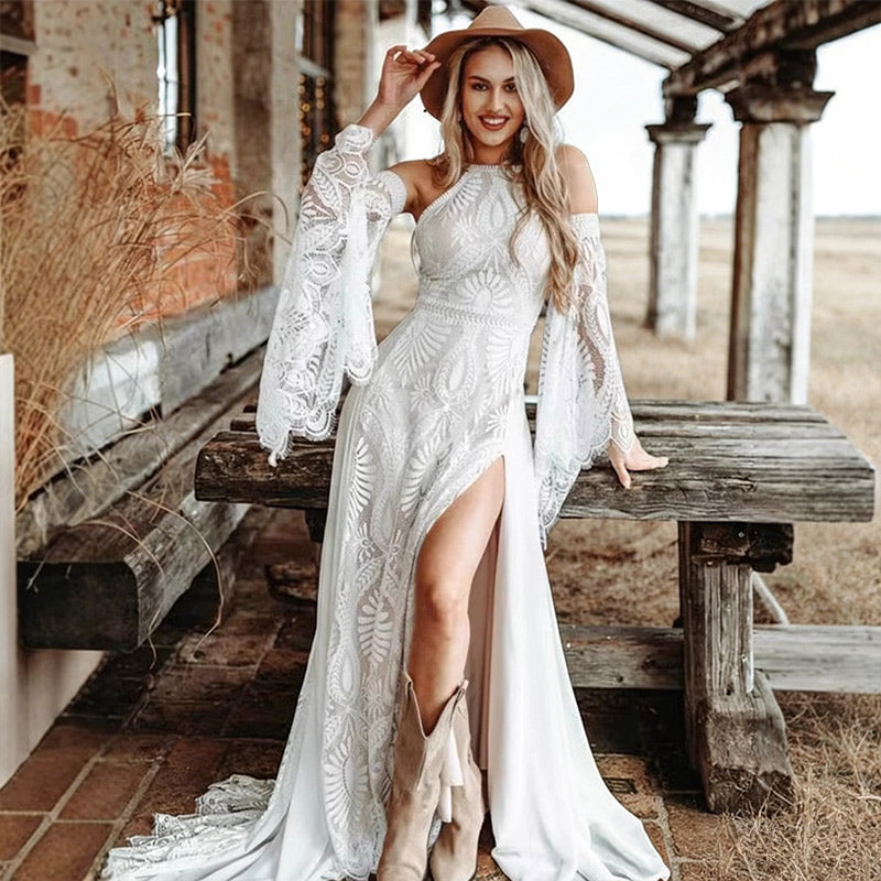 Hippie Boho Brautkleid Glockenärmel Geometrische Spitze Beinschlitz Vintage Hochzeitskleid Rustikal 2-26W