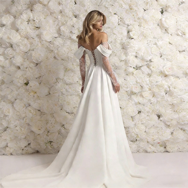 Modernes Satin Brautkleid Beinschlitz Spitze Corsage Off-Shoulder Sexy A-Linie Hochzeitskleid Weiß 2-26W