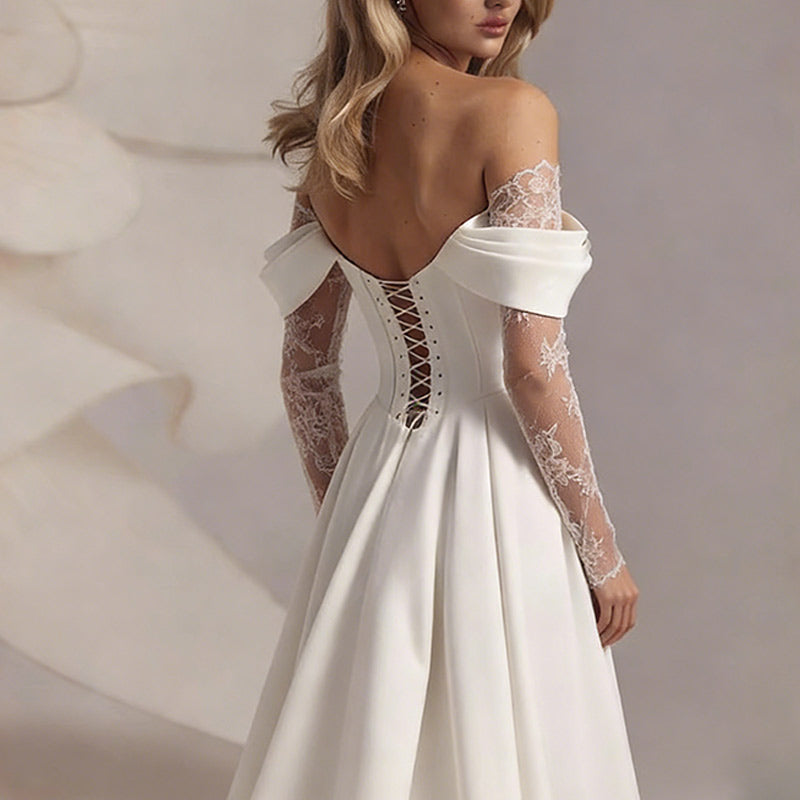 Modernes Satin Brautkleid Beinschlitz Spitze Corsage Off-Shoulder Sexy A-Linie Hochzeitskleid Weiß 2-26W