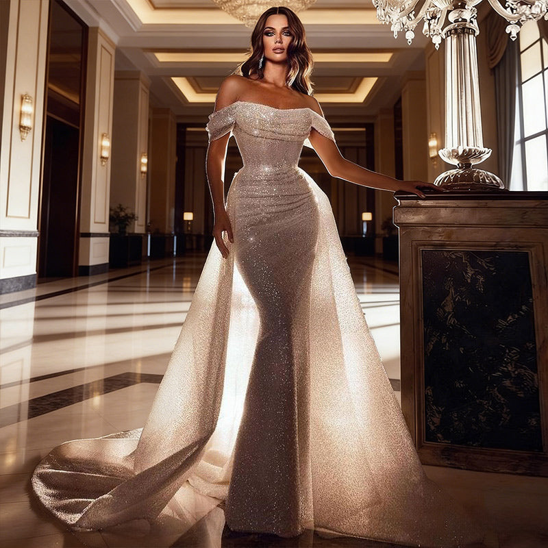 Luxus Meerjungfrau Brautkleid Glitzer Pailletten Off-Shoulder Sexy Standesamt Hochzeitskleid Weiß 2-26W
