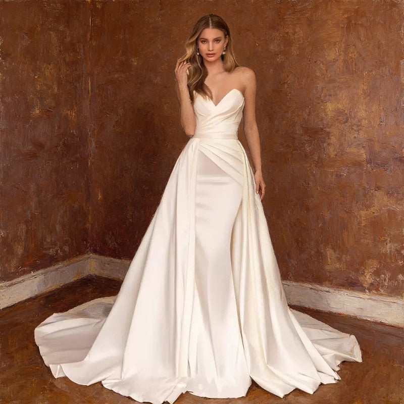 Wadenlanges Standesamt Brautkleid Tüll Corsage Herz-Ausschnitt Vintage Midi Hochzeitskleid Weiß 2-26W