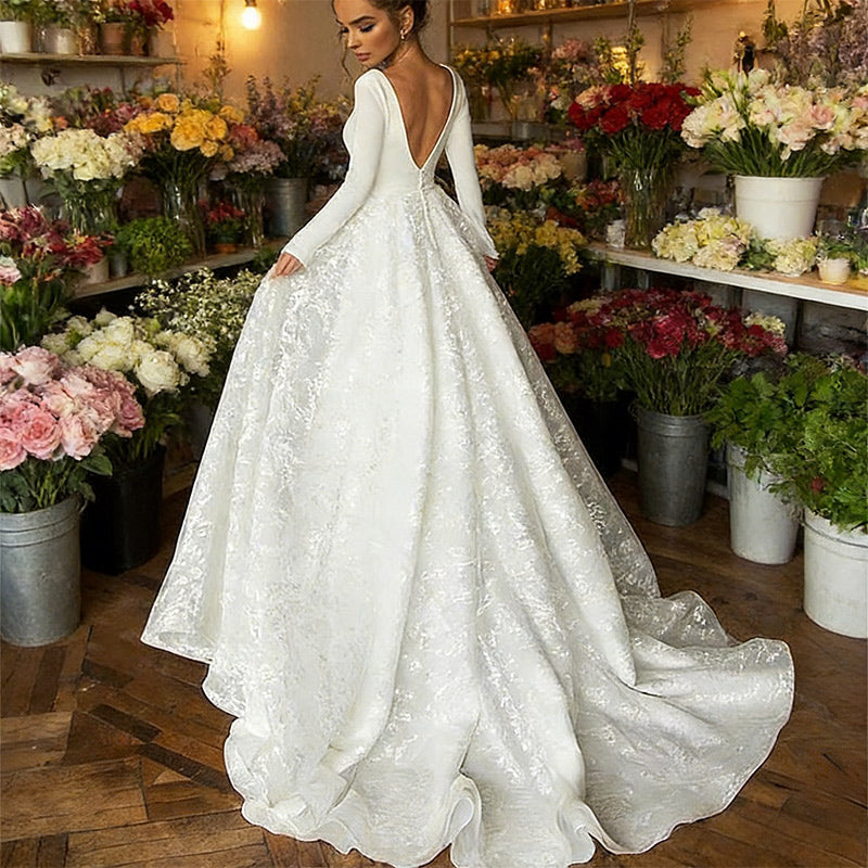 Edles Prinzessin Brautkleid Langarm Satin Spitze V-Ausschnitt A-Linie Hochzeitskleid Standesamt Weiß 2-26W