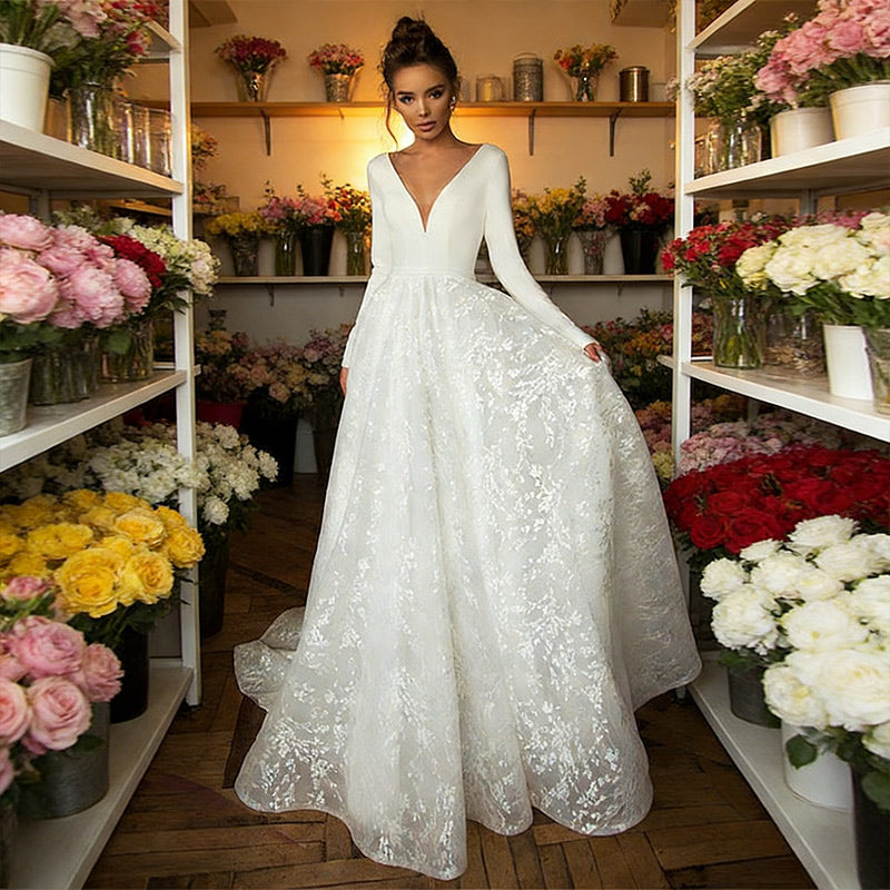 Edles Prinzessin Brautkleid Langarm Satin Spitze V-Ausschnitt A-Linie Hochzeitskleid Standesamt Weiß 2-26W