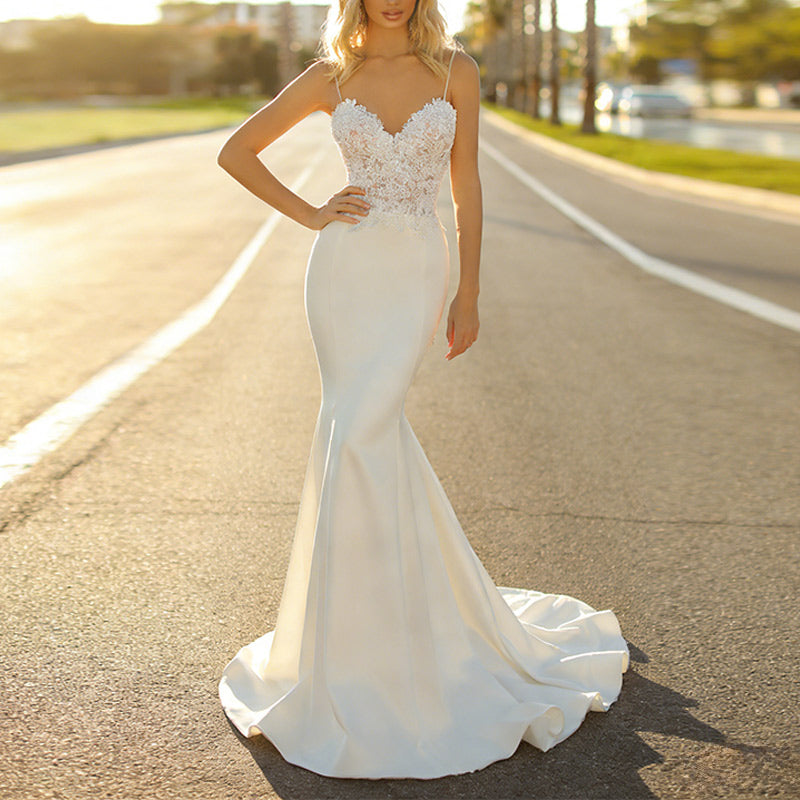 Luxus Meerjungfrau Brautkleid 3D-Blüten Spitze Transparent Corsage Sexy V-Ausschnitt Schleppe Weiß 2-26W