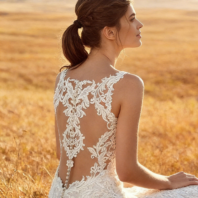 Luxus Brautkleid Meerjungfrau Spitze Illusions-Effekt V-Ausschnitt Schloss Hochzeit Sexy Weiß 2-26W