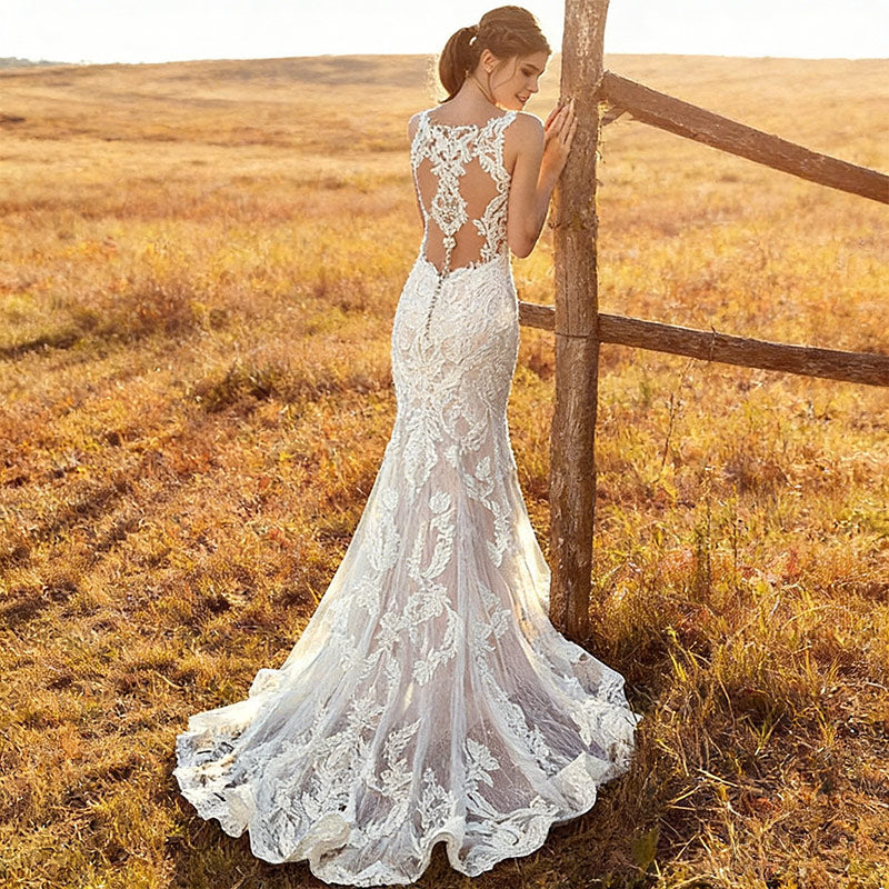 Luxus Brautkleid Meerjungfrau Spitze Illusions-Effekt V-Ausschnitt Schloss Hochzeit Sexy Weiß 2-26W