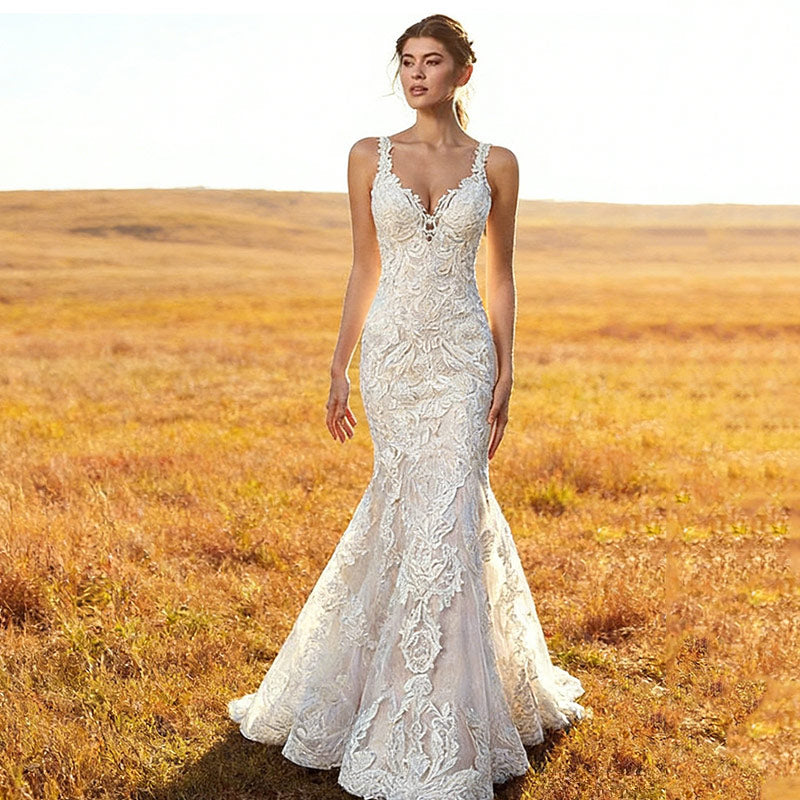 Luxus Brautkleid Meerjungfrau Spitze Illusions-Effekt V-Ausschnitt Schloss Hochzeit Sexy Weiß 2-26W