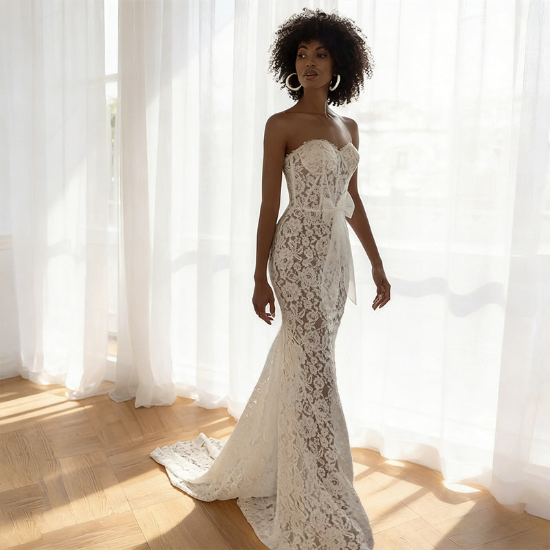 Boho Brautkleid Meerjungfrau Spitze Sexy Transparent Bogen Standesamt Hochzeit Weiß 2-24W