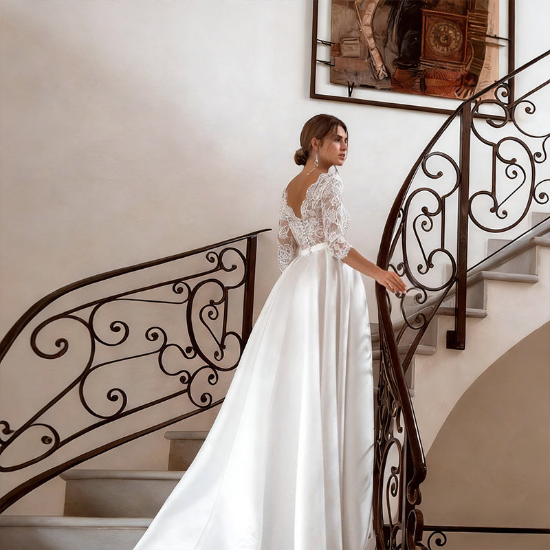 Retro Brautkleid Satin Langarm Schlitz V-Ausschnitt Edel Standesamt Glamour Hochzeitskleid 2-24W