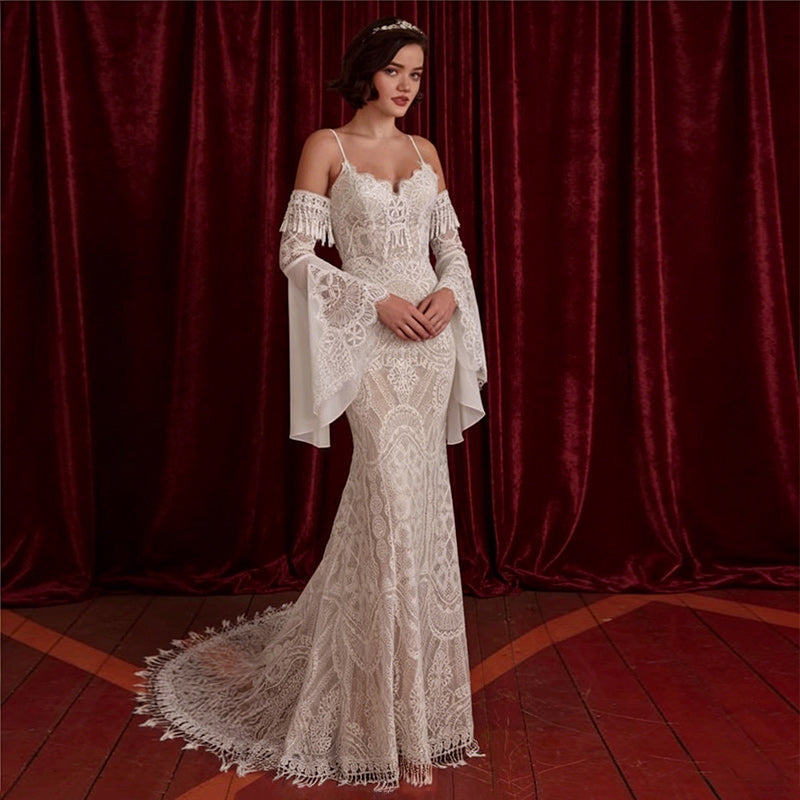Boho Brautkleid Spitze Trompetenärmel Fransen Retro Sexy Meerjungfrau Strand Hochzeit 2-24W