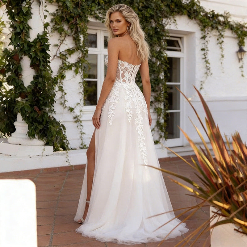 Boho Brautkleid A-Linie Tüll Rückenfrei Spitze Hippie Strand Natürlich Hochzeitskleid Weiß 2-24W