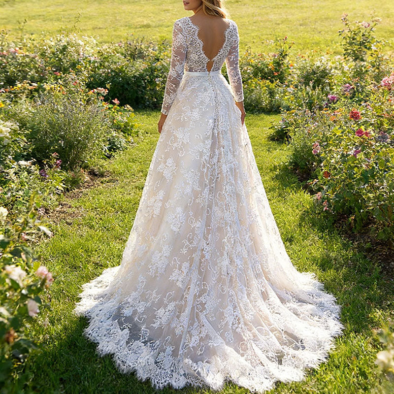 Retro Brautkleid Meerjungfrau Spitze Langarm Sexy Edel Kathedrale Hochzeit Weiß Creme 2-24W