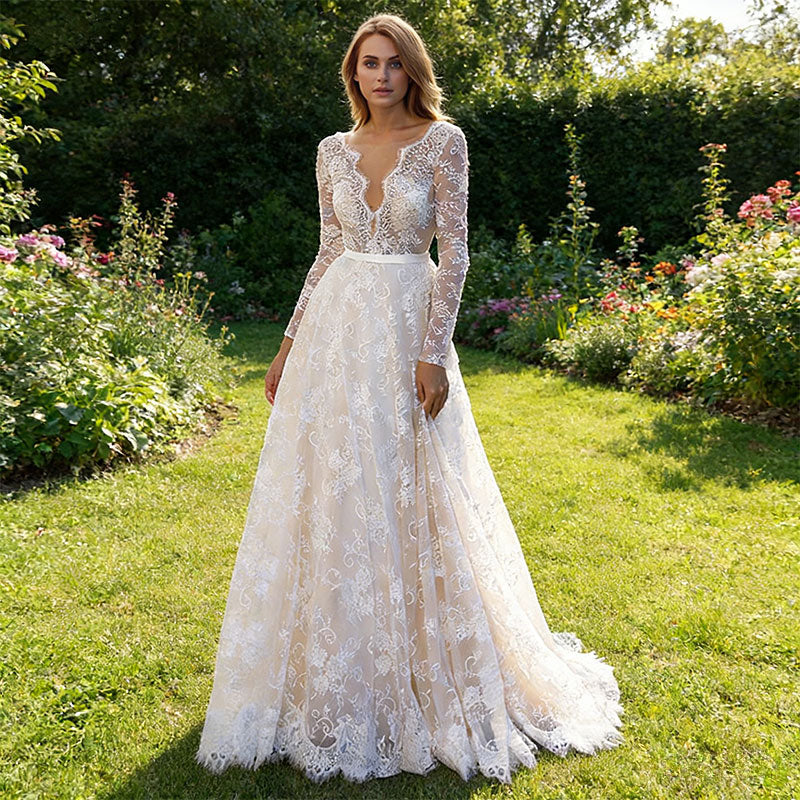 Retro Brautkleid Meerjungfrau Spitze Langarm Sexy Edel Kathedrale Hochzeit Weiß Creme 2-24W