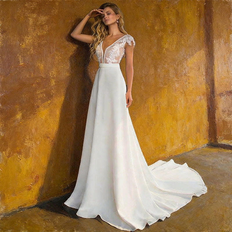 Retro Brautkleid A-Linie Satin Spitze V-Ausschnitt Edel Standesamt Hochzeitskleid Weiß Creme 2-24W