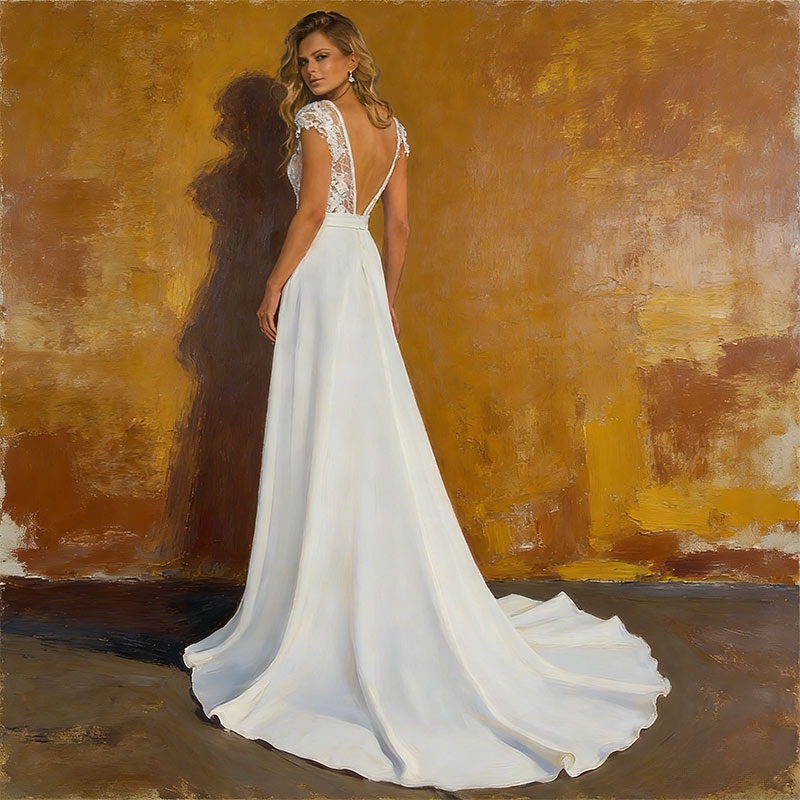 Retro Brautkleid A-Linie Satin Spitze V-Ausschnitt Edel Standesamt Hochzeitskleid Weiß Creme 2-24W