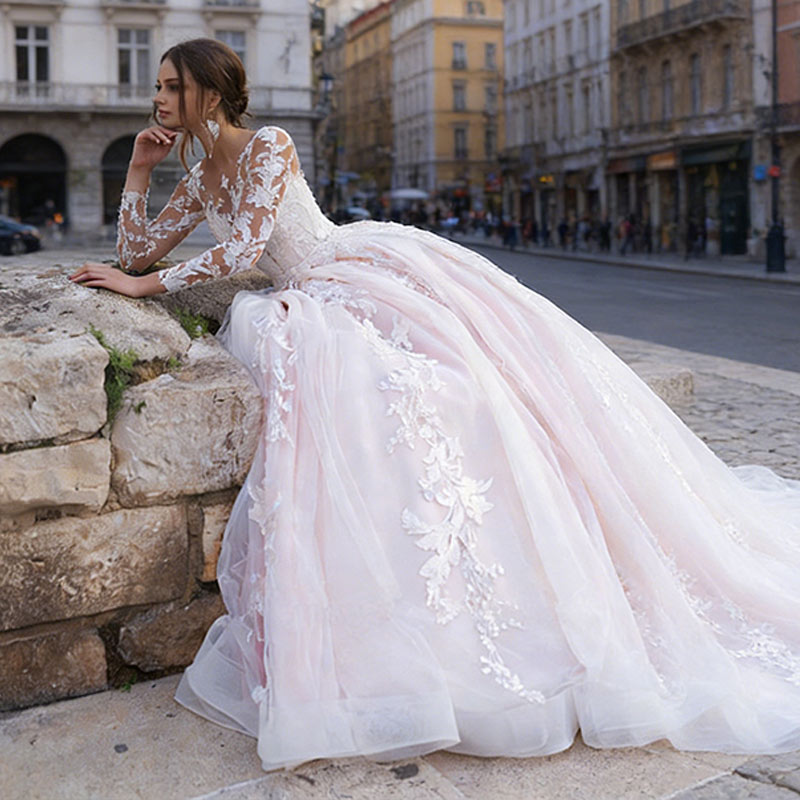 Luxus Prinzessin Brautkleid Spitze Langarm Tüll A-Linie Retro Edel Kathedrale Hochzeit Weiß 2-24W