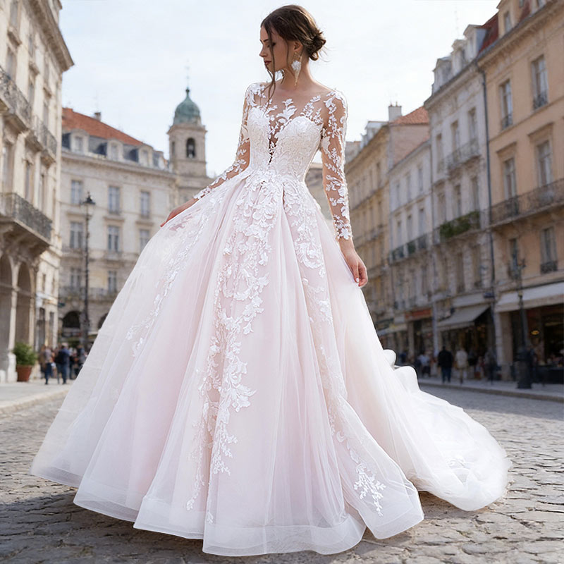 Luxus Prinzessin Brautkleid Spitze Langarm Tüll A-Linie Retro Edel Kathedrale Hochzeit Weiß 2-24W