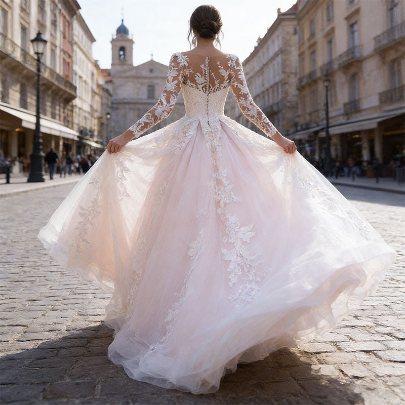 Luxus Prinzessin Brautkleid Spitze Langarm Tüll A-Linie Retro Edel Kathedrale Hochzeit Weiß 2-24W