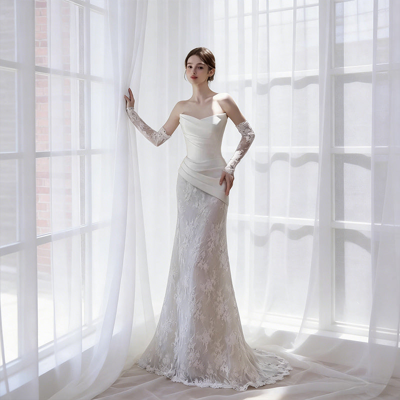 Modernes Brautkleid Meerjungfrau Satin Spitze Handschuhe Retro Edel Standesamt Hochzeit Weiß 32-44